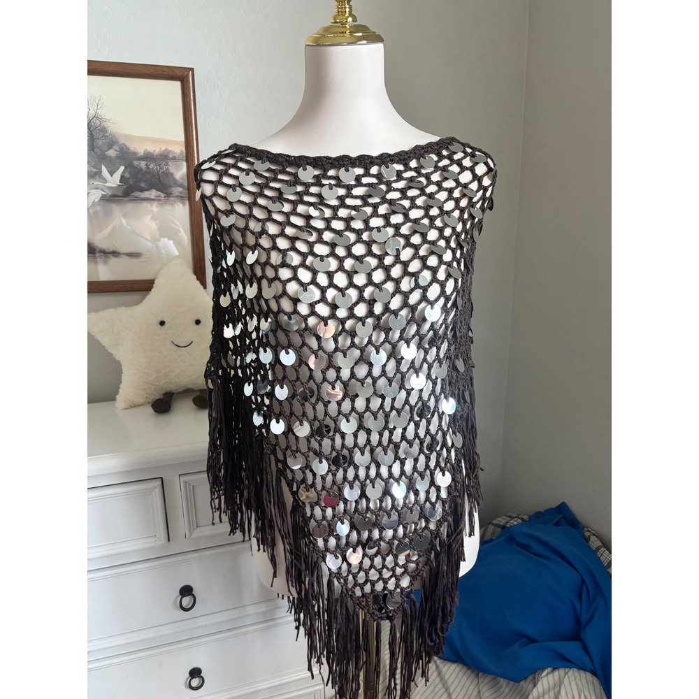 Crochet Fringe y2k Sequin Poncho Boho Festival Top Vivid New York Brown Silver S